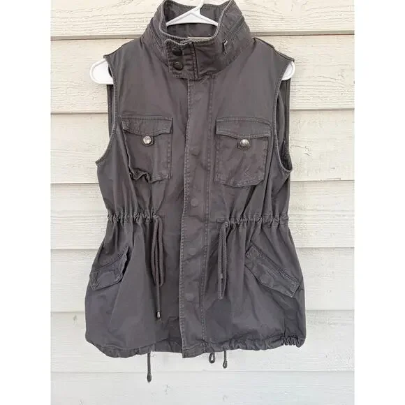 Pleione Utility Cargo Vest Jacket Gray Drawstring Waist Pockets Size S - Picture 3 of 9